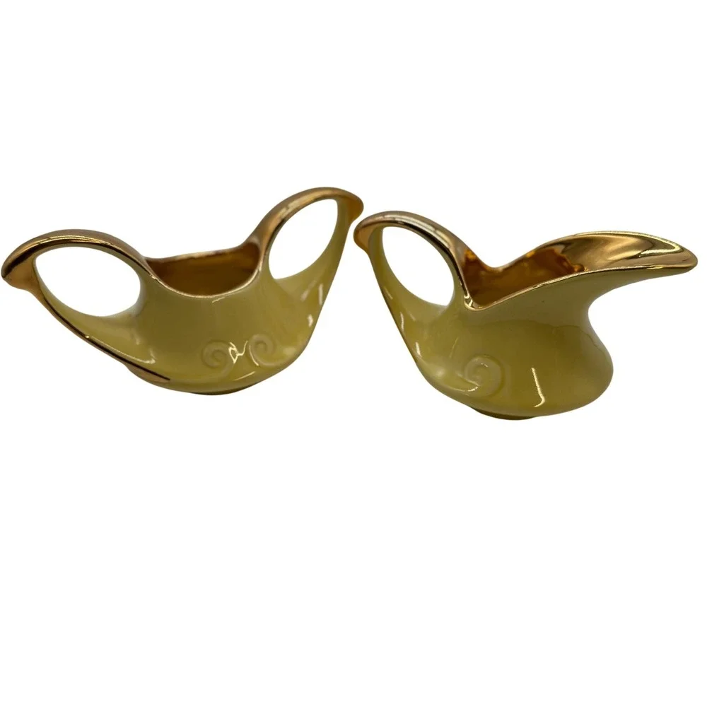 Vintage Yellow Creamer‎ Pitcher Set Gold Trim Decorative Porcelain